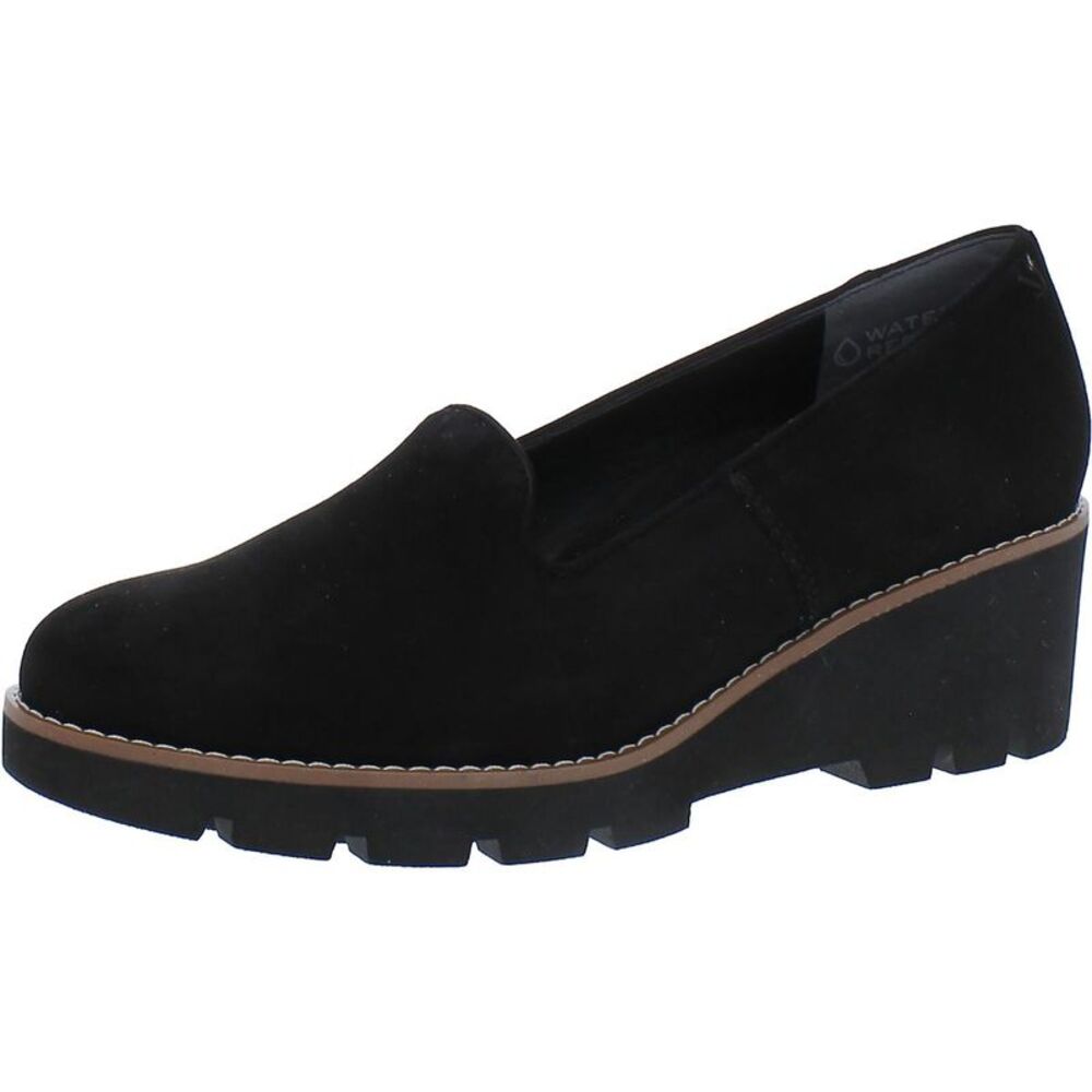 Vionic Black Suede Wedge Loafer with Brown Trim